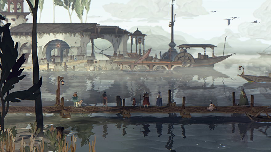 Travelers stand on a dock pier in Book Of Travels.