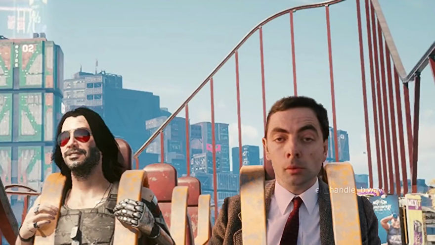 Mr Bean riding Cyberpunk 2077's rollercoaster with Johny Silverhand in a video edit by 'eli_handle_b․wav'.