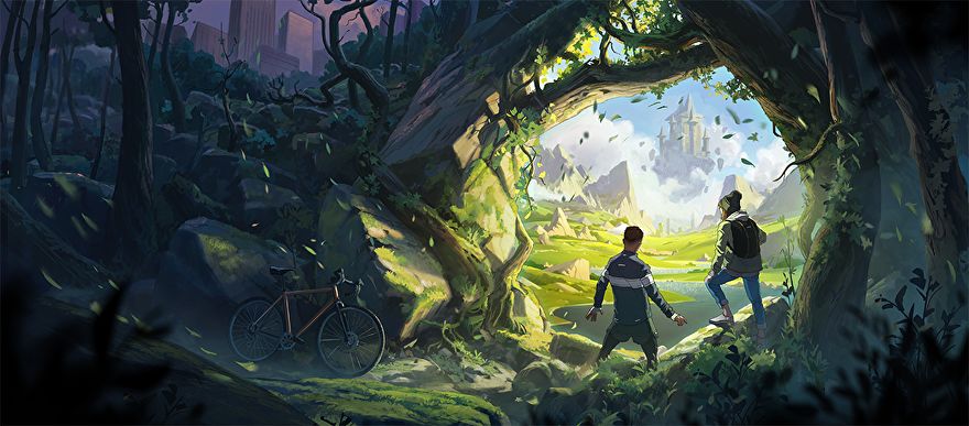 Blizzard are making a survival game set in a new universe, and this is the first piece of concept art to represent it. It shows two people in ordinary clothes standing in a forest looking out at a floating castle.