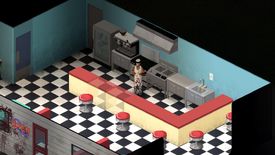 Project Zomboid player stood in a diner with a chefs outfit on, lots of dead zombies are by the door soaked in blood