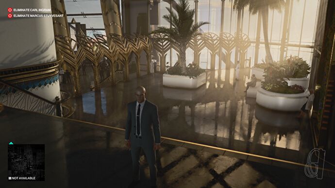 A shiny floor in Hitman 3, showcasing its ray traced reflections setting.