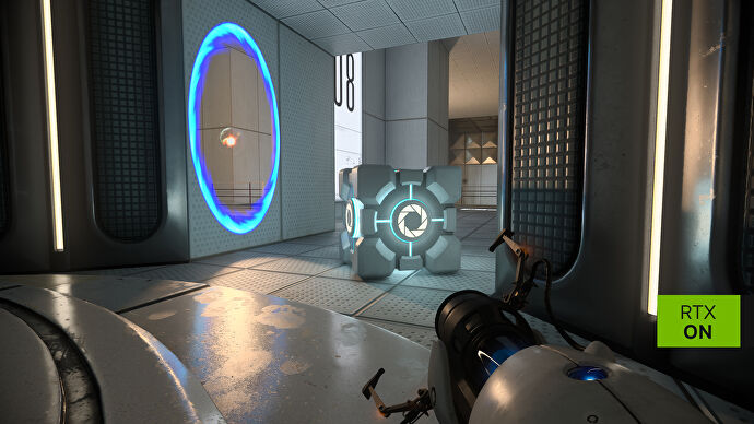 A Portal RTX screenshot, showing a weighted cube next to a blue portal.