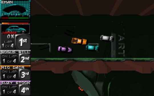Four cars jostling together in MS-DOS 1996 racing game Death Rally