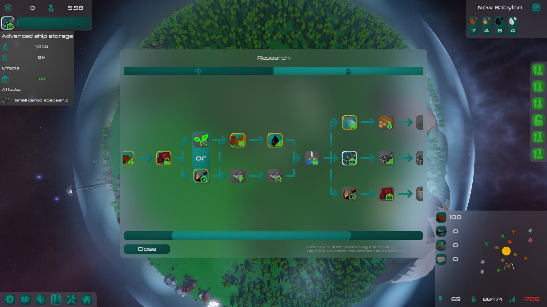 The research tree screen in free RTS Planet S