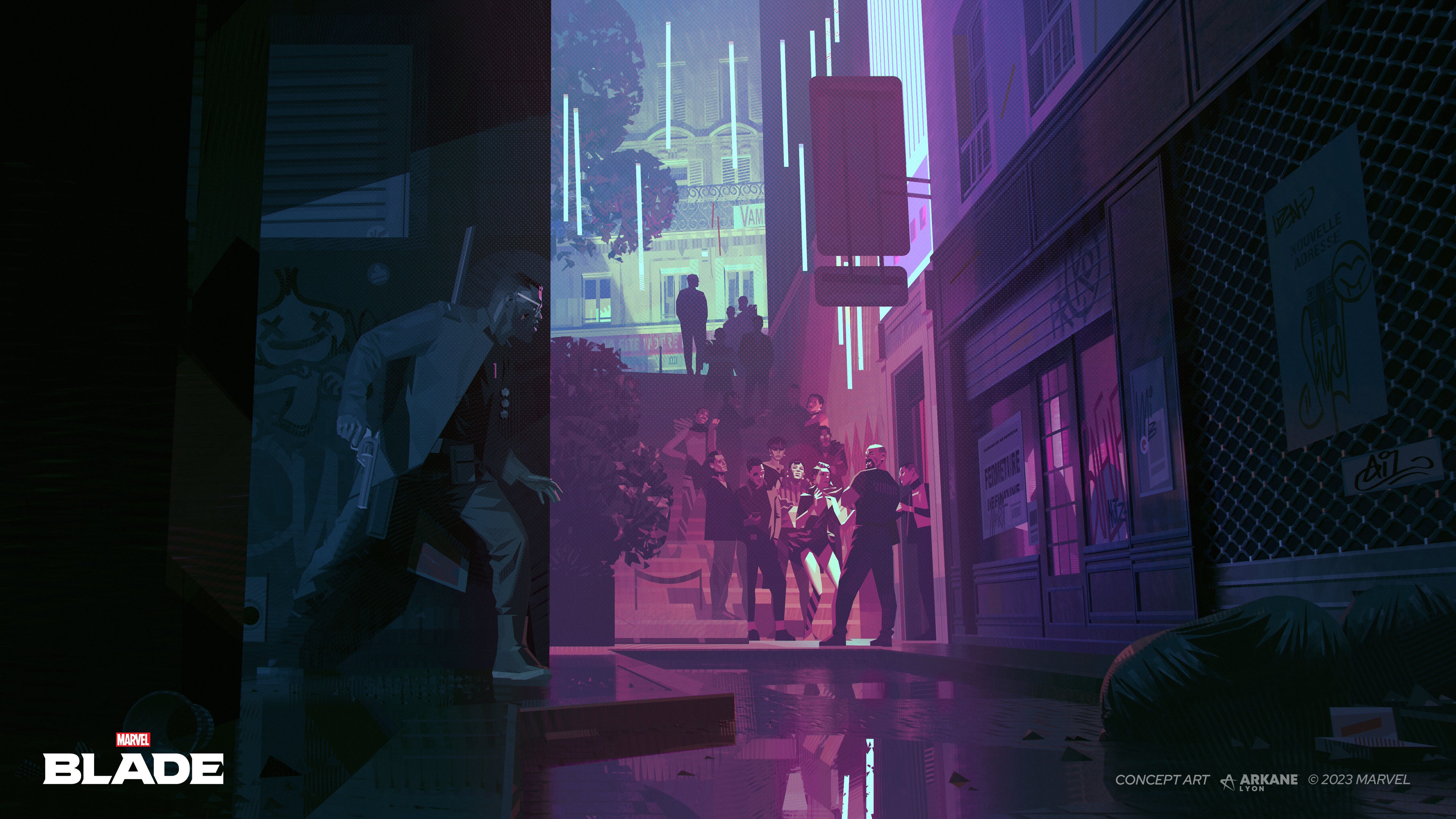 Concept artwork for Arkane's Blade game, showing Blade hunkered down in an alleyway watching the entrance to a nightclub with crowds of people outside