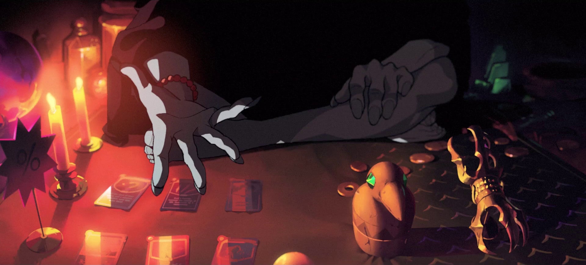 Examining the Merchant's stock in Slay The Spire 2's cinematic trailer.