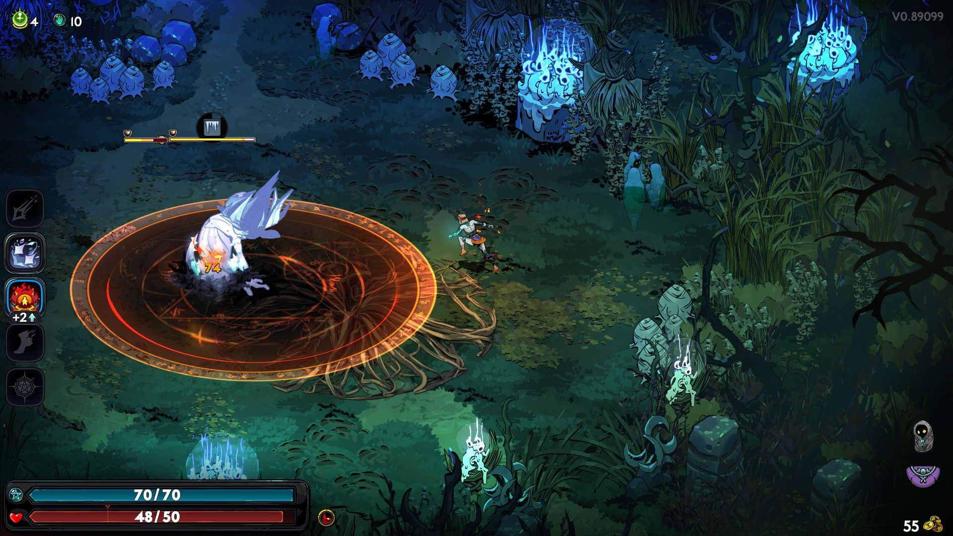 Melinoë fights a miniboss that traps her with roots.