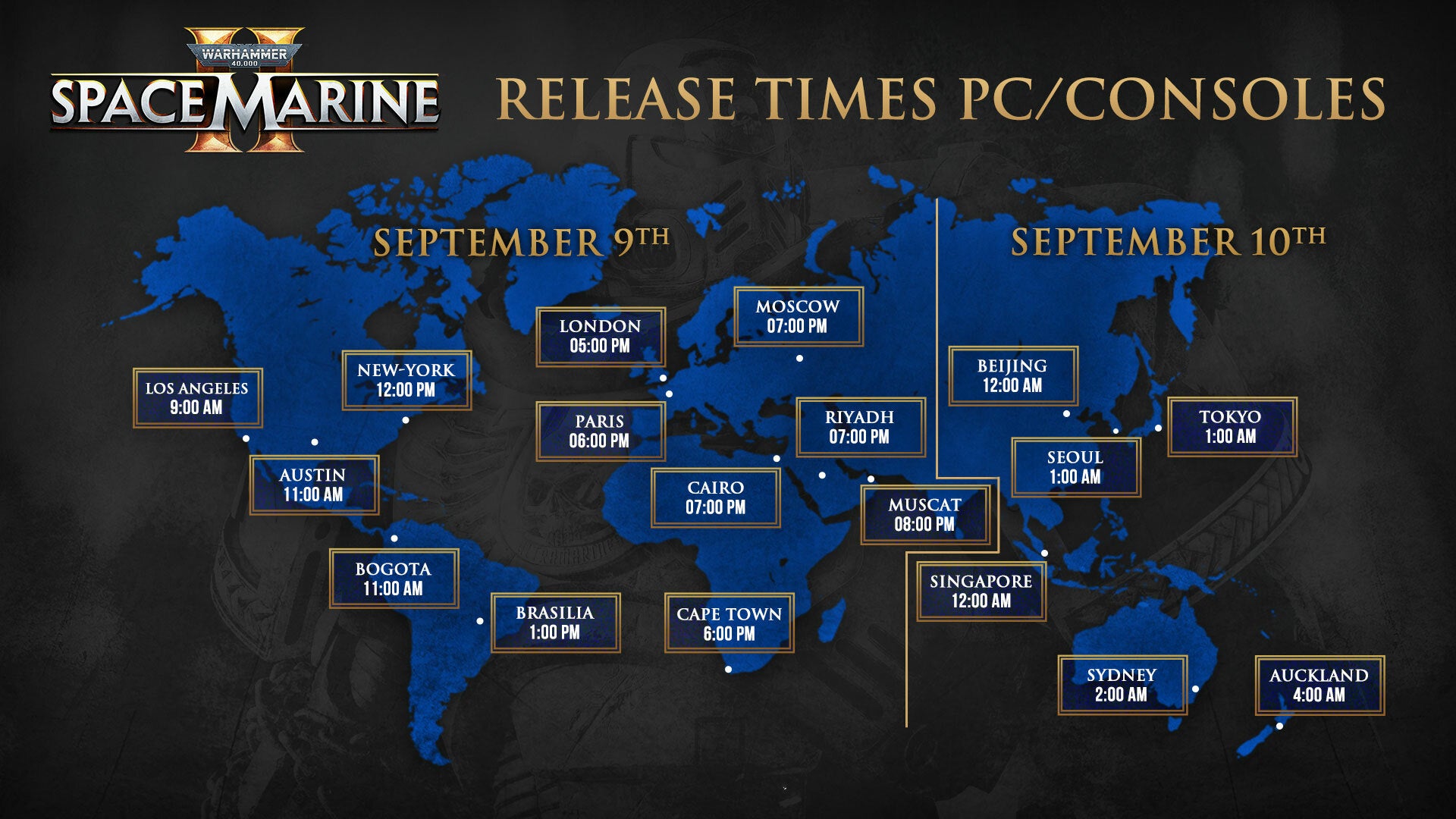 A map showing global release times for Warhammer 40,000: Space Marine 2.