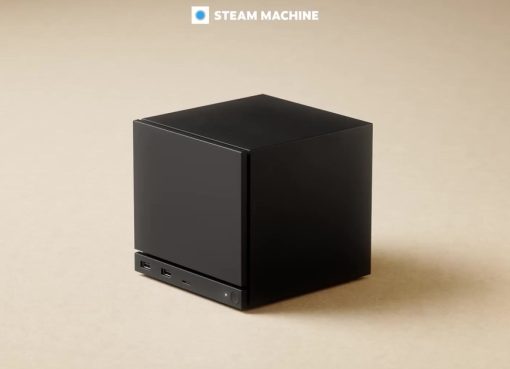 Valve Steam Machine gaming PC on an official product backdrop