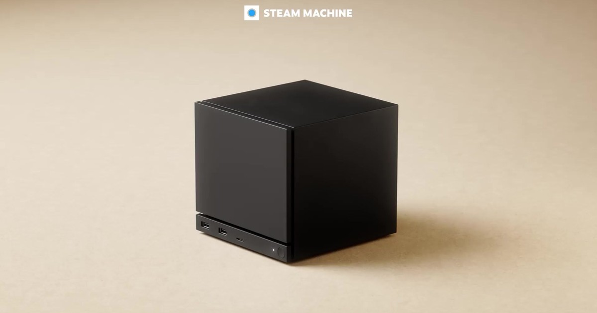 Valve Steam Machine gaming PC on an official product backdrop