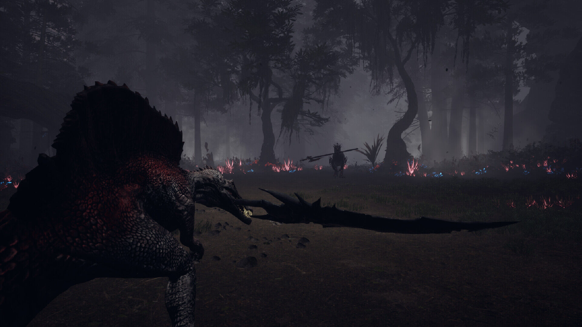 A dark swamp combat scene in Dinoblade where the Spinosaurus protagonist faces off against an enemy amid glowing red flora