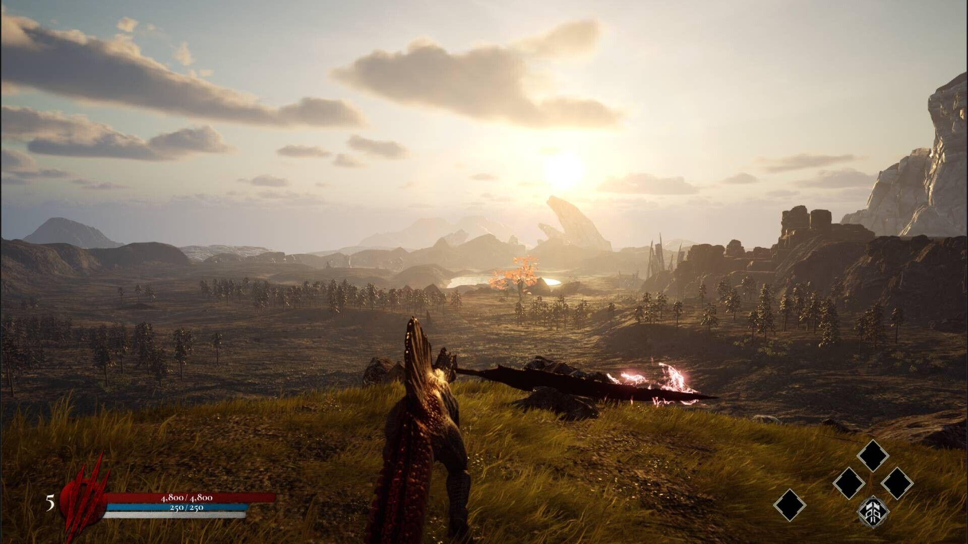 Open world landscape in Dinoblade showing a saurian character overlooking a vast valley with unique rock formations under golden light