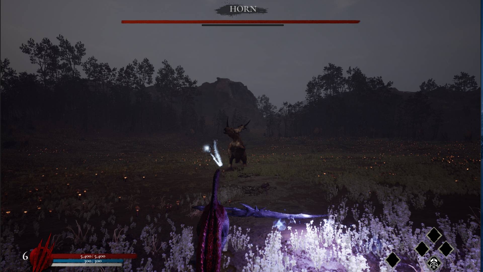 Boss fight in Dinoblade against a horned enemy called HORN, with the player character glowing blue in a dark atmospheric arena
