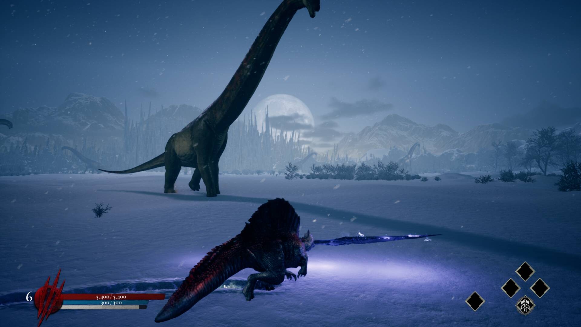 Snowy night environment in Dinoblade featuring the Spinosaurus protagonist with purple weapon effects facing a massive sauropod under a full moon