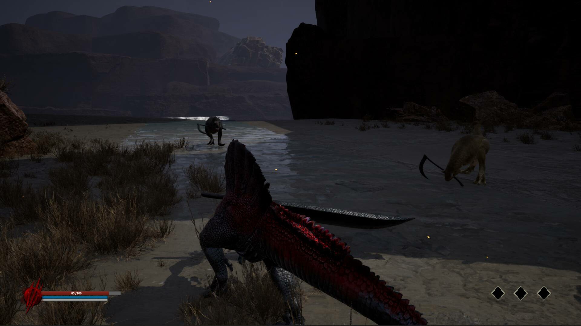Sandy desert environment in Dinoblade with a dragon-like dinosaur equipped with a blade facing enemies in the distance
