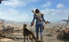 Official Fallout 4 key art from Steam store, depicting Vault Boy and post-apocalyptic wasteland setting