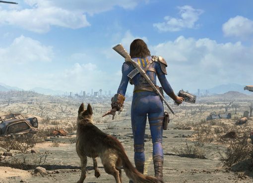Official Fallout 4 key art from Steam store, depicting Vault Boy and post-apocalyptic wasteland setting