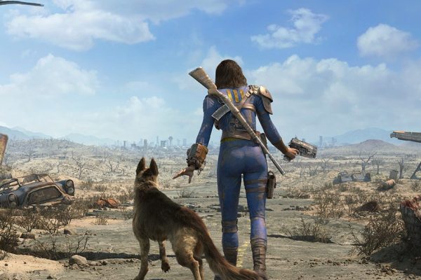 Official Fallout 4 key art from Steam store, depicting Vault Boy and post-apocalyptic wasteland setting