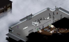 Project Zomboid survivor fighting a zombie horde on a rooftop in Build 42
