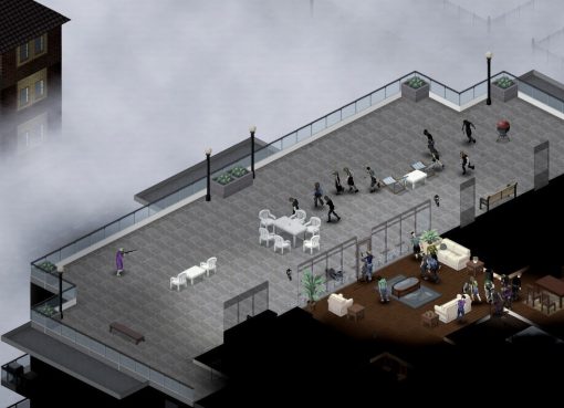Project Zomboid survivor fighting a zombie horde on a rooftop in Build 42