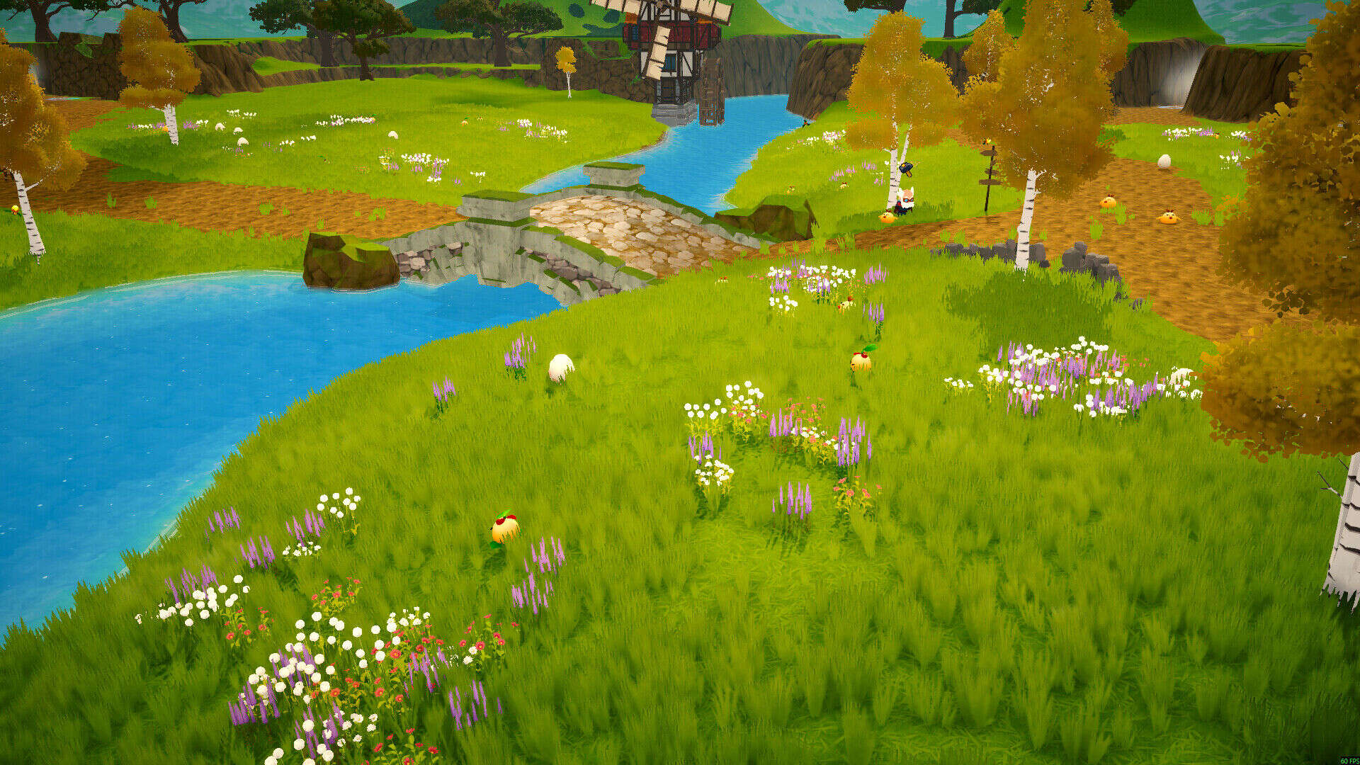 A peaceful meadow with a stone bridge crossing a river, leading toward a windmill in the distance. Small white creatures roam the flower-filled grass.