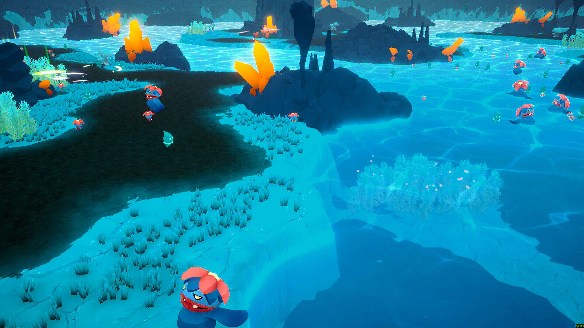 A coastal swamp area with turquoise water, large orange crystals jutting from dark rocks, and blue fish-like creatures wading in shallow water.