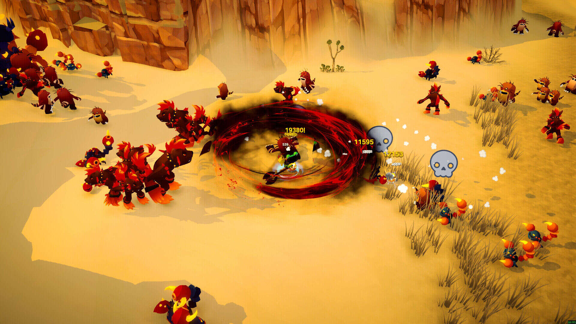 A desert canyon with orange cliffs, where a warrior performs a spinning attack creating a dark red vortex, surrounded by dinosaur-like enemies with damage numbers flying.