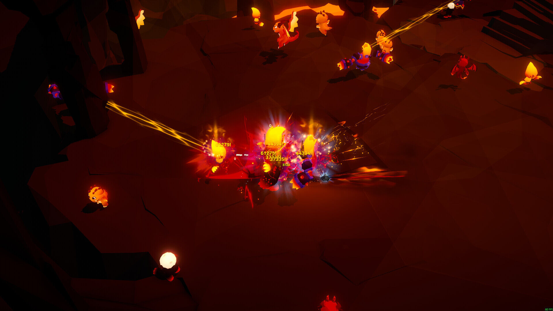 A dark volcanic cave filled with a massive horde of red and orange enemies, with intense yellow laser beams firing across the screen and damage numbers clustered everywhere.