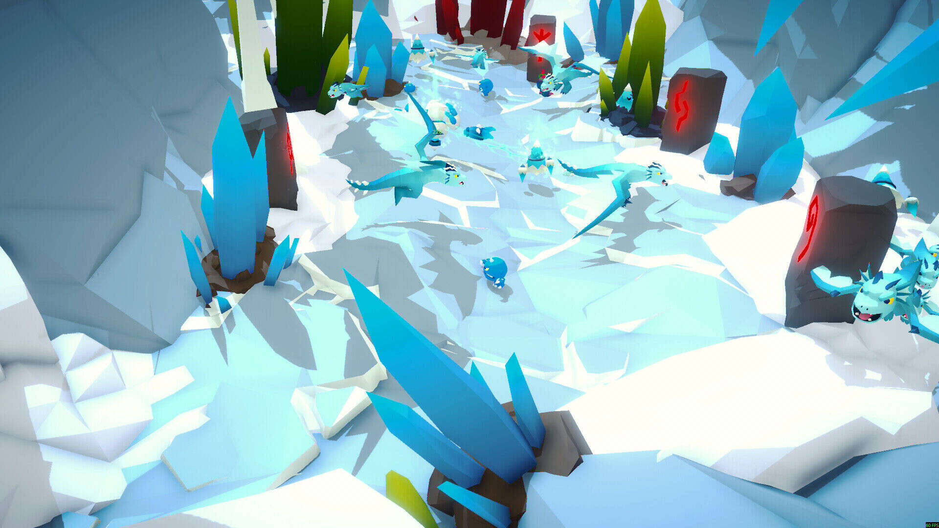 A frozen ice dungeon with jagged blue crystal pillars carved with glowing red runes, populated by blue wolf-like ice creatures on bright white terrain.