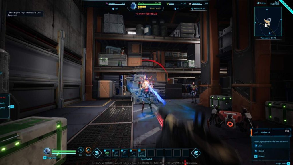 EverRail first-person combat in an industrial corridor against a humanoid enemy