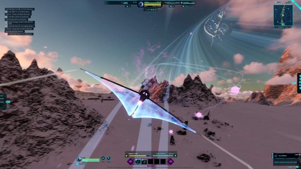 EverRail glider flying through an alien landscape with pink skies and floating celestial bodies