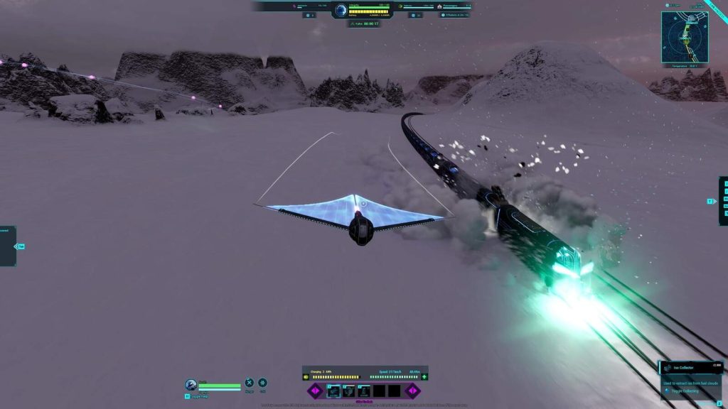 EverRail glider flying alongside the moving train on snowy terrain