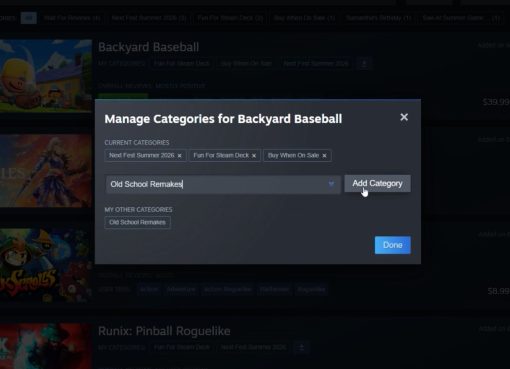Steam wishlist categories management interface showing category tags and filters for organizing wishlisted games