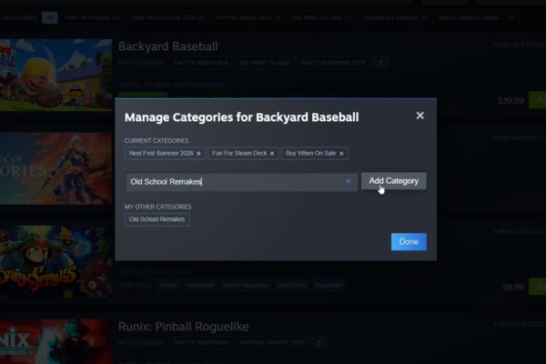 Steam wishlist categories management interface showing category tags and filters for organizing wishlisted games
