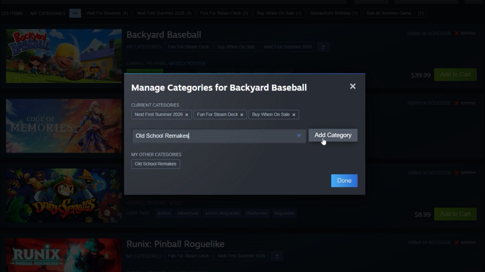 Steam wishlist categories management interface showing category tags and filters for organizing wishlisted games