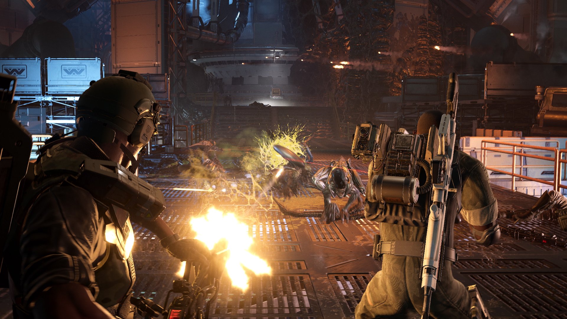 Colonial Marines engage Xenomorphs in a corridor firefight in Aliens Fireteam Elite 2