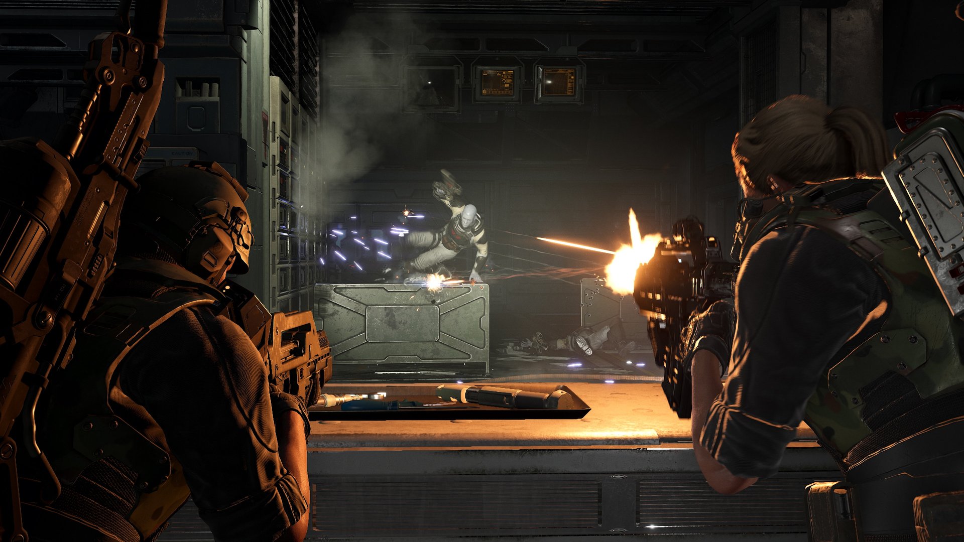 Squad takes cover while fighting Synth enemies in a research facility
