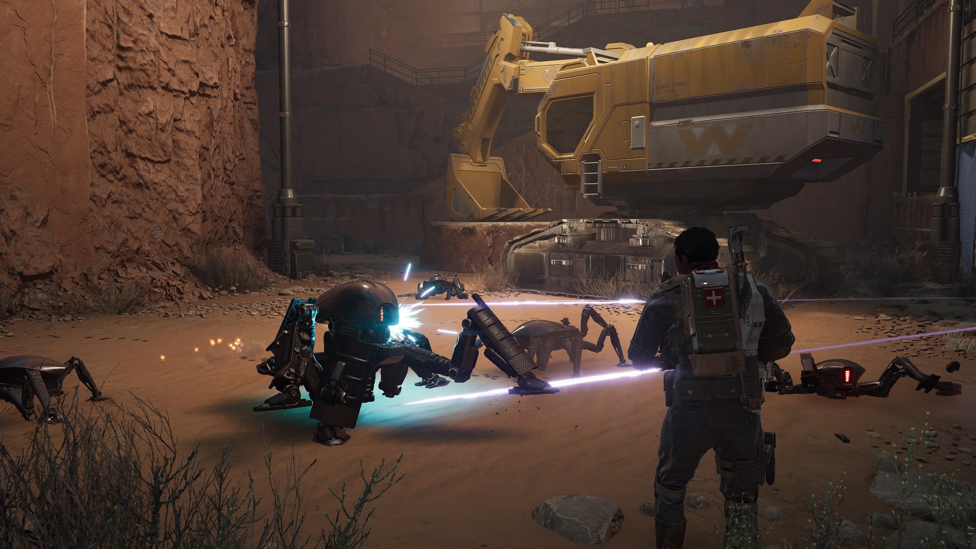 Outdoor battle against robotic sentries near excavation equipment