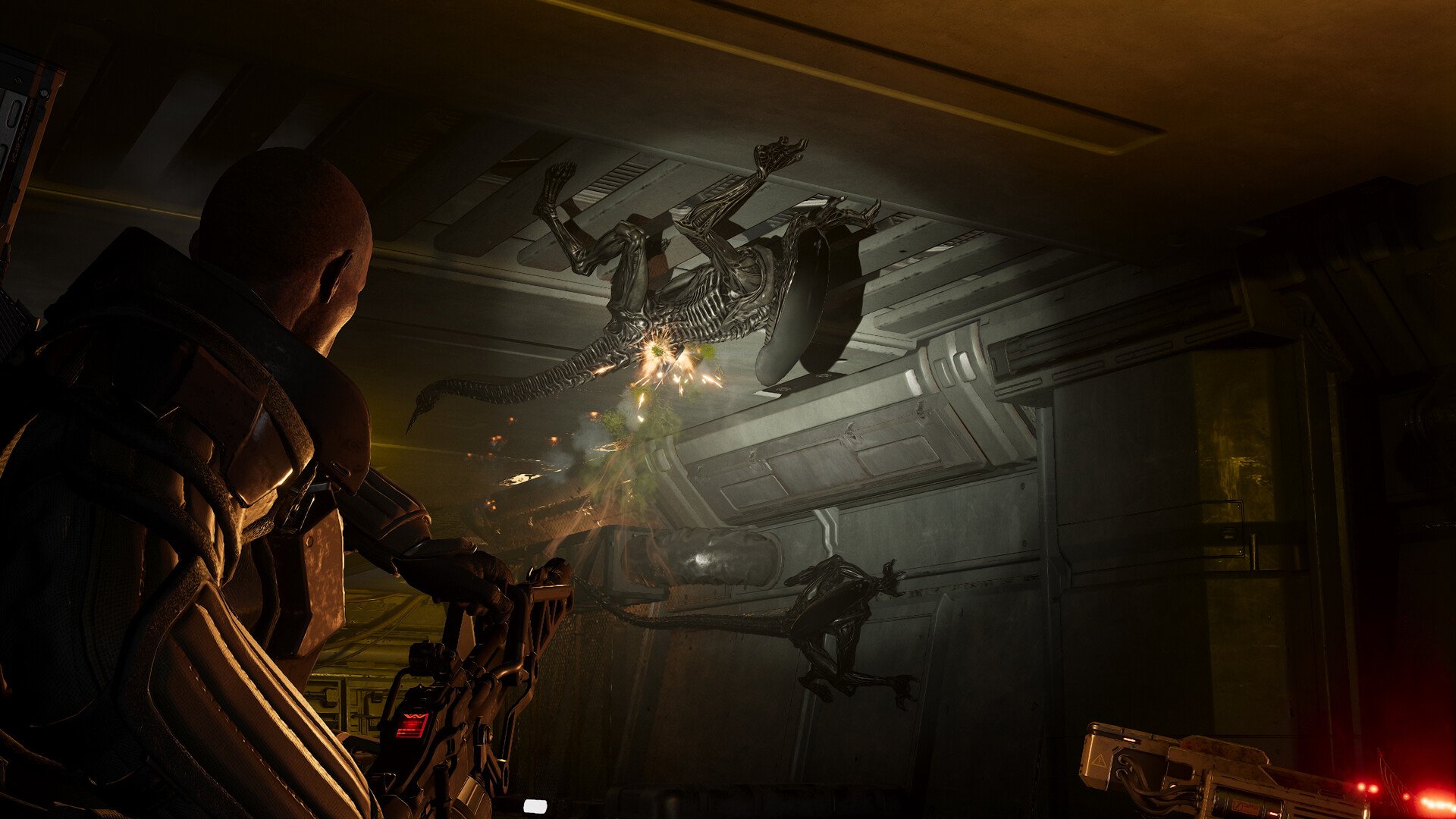 Marine fires upward at Xenomorphs crawling on the ceiling