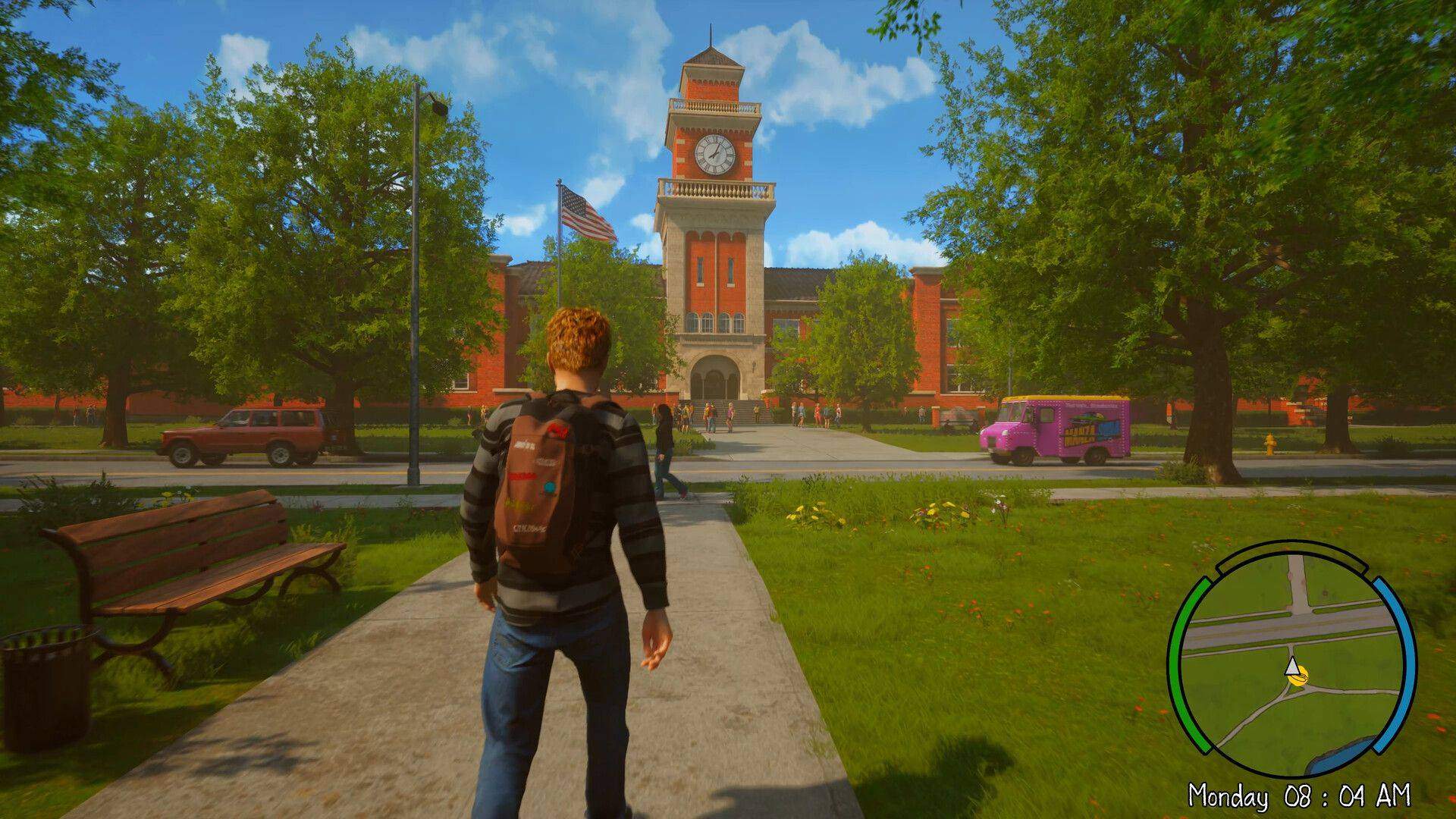 The protagonist approaches the main school building at Agefield High, featuring the iconic clock tower and brick architecture