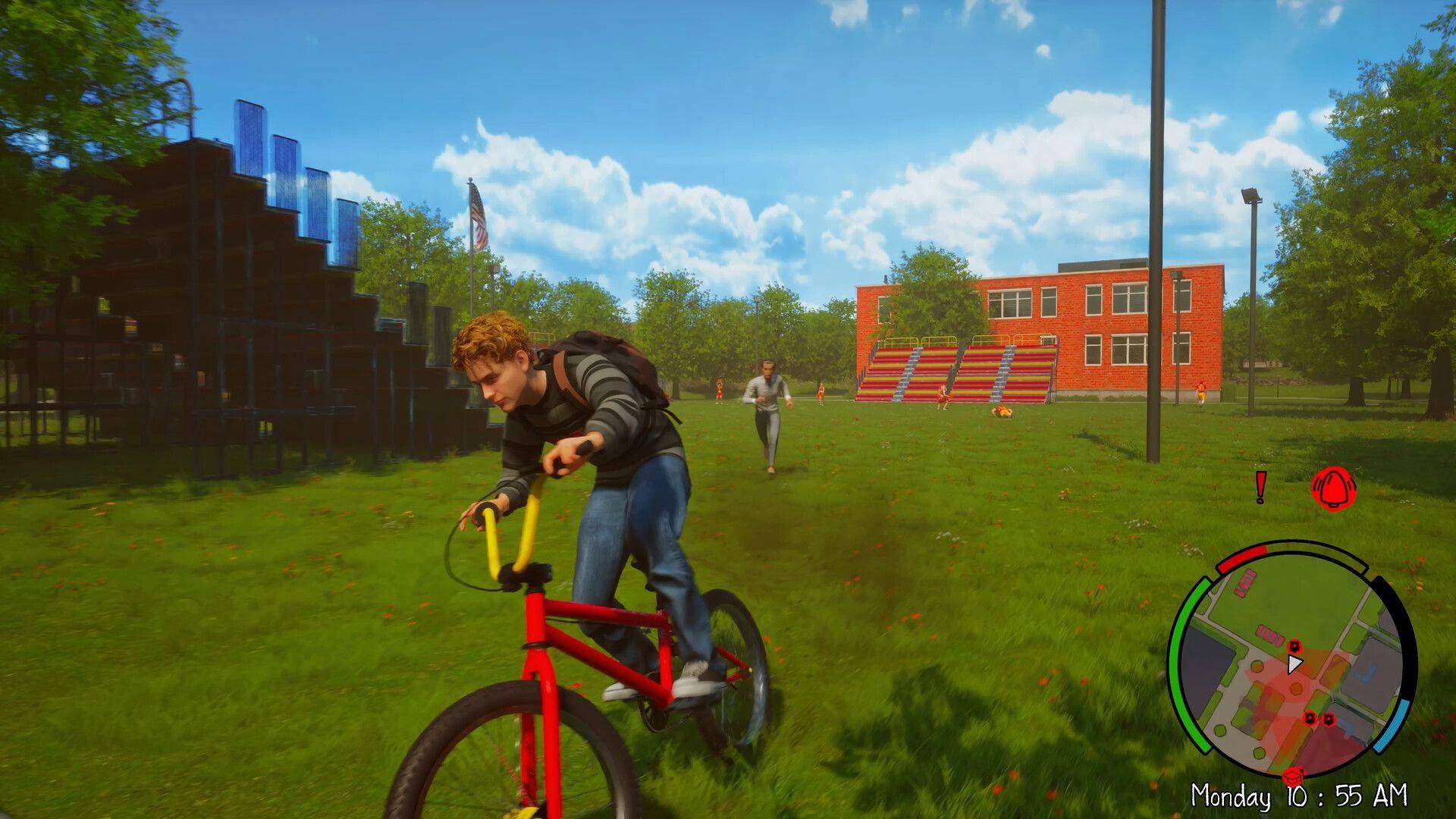 Riding a bicycle across the grassy school grounds while being chased by an authority figure