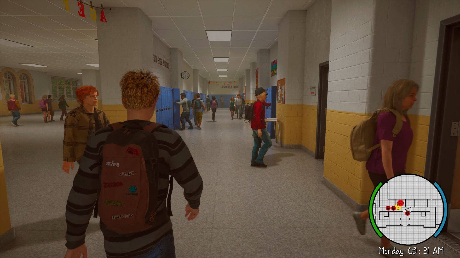 Navigating the busy school hallway lined with blue lockers and filled with other students