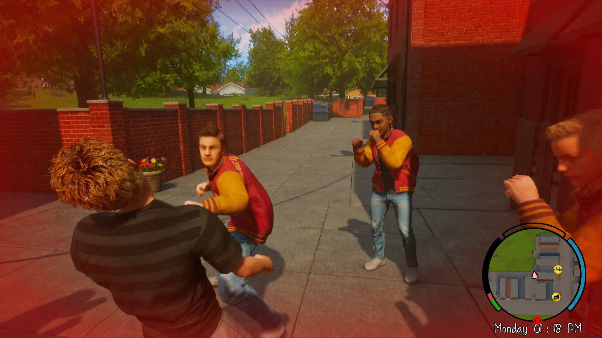 A fistfight with two opposing students wearing letterman jackets in a back alley