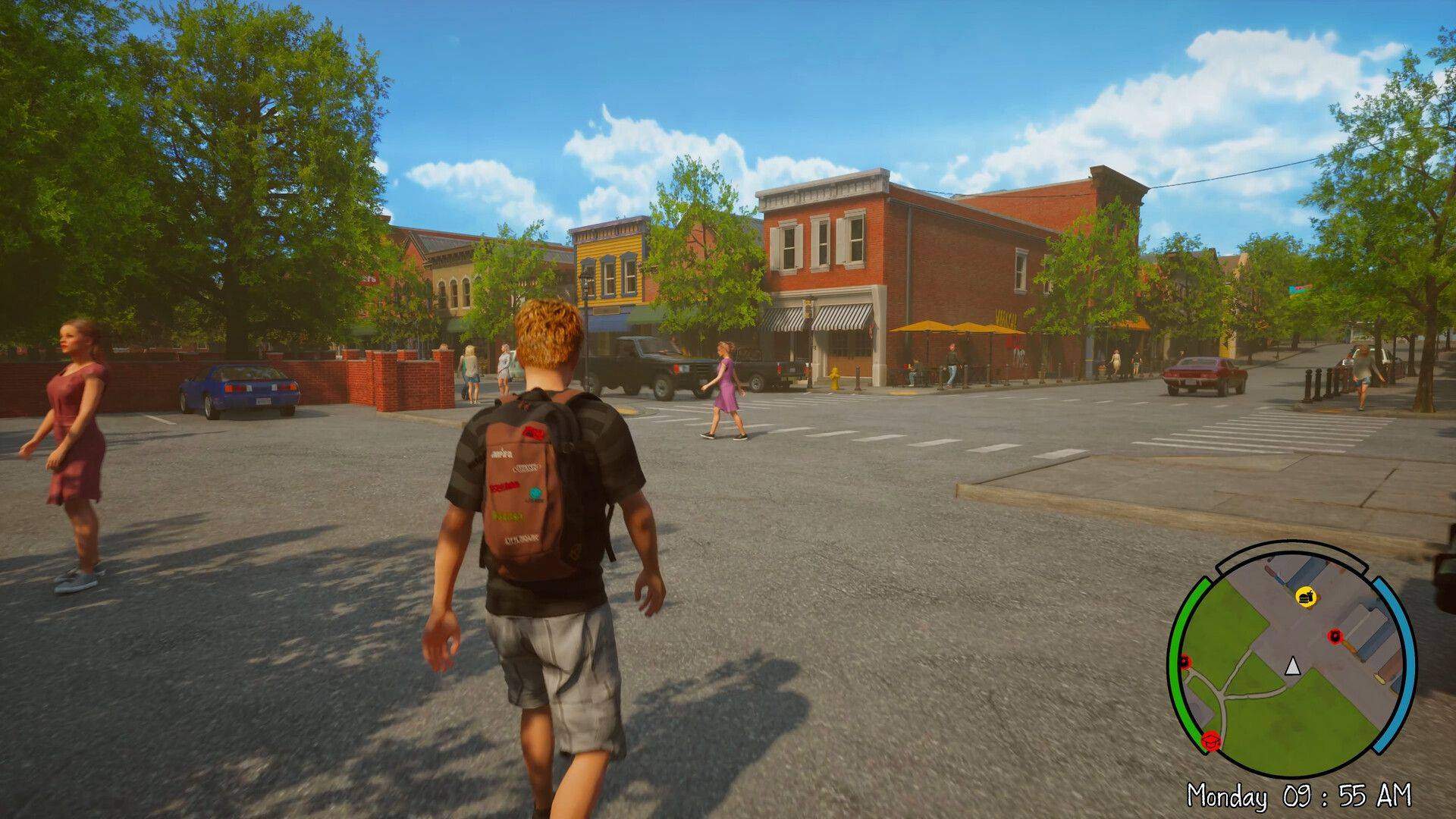 Exploring the small-town open world outside the school zone, with shops and pedestrians