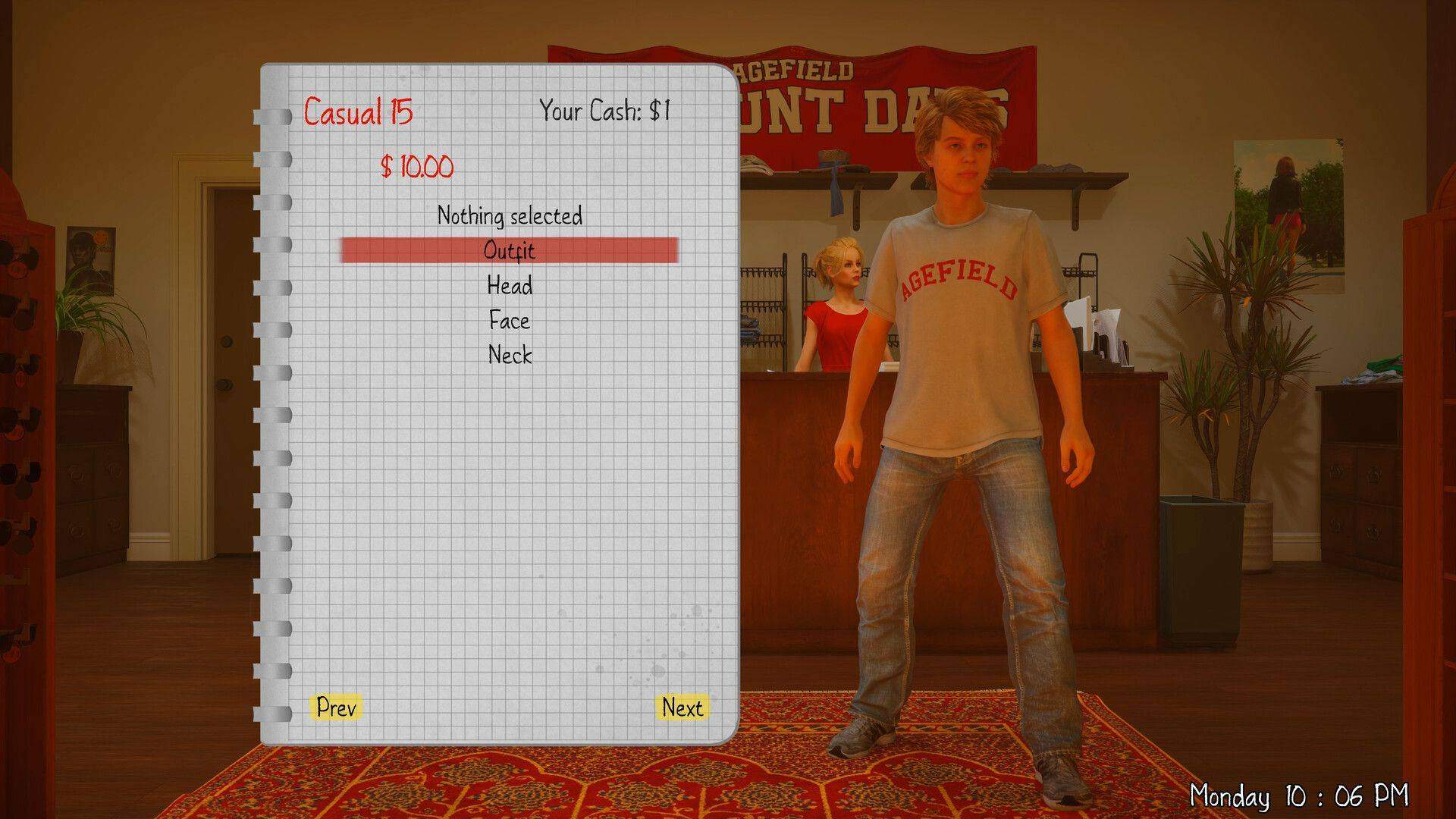 The clothing customization menu where the character models a new outfit inside a shop