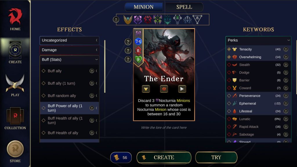 The Ariokan card editor showing the creation interface with effects, keywords, and a custom card being designed