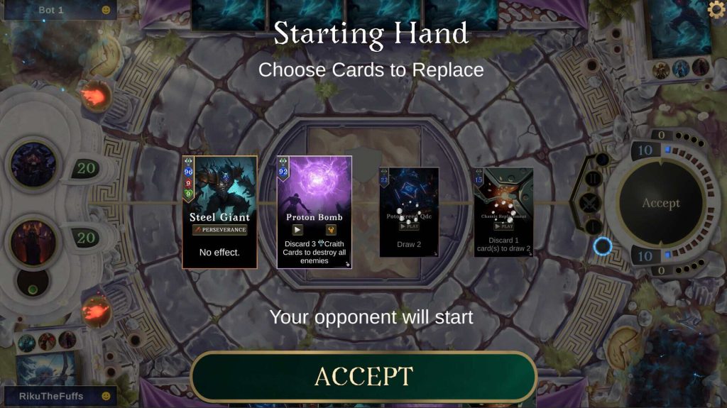 The mulligan phase showing starting hand selection before an Ariokan match begins