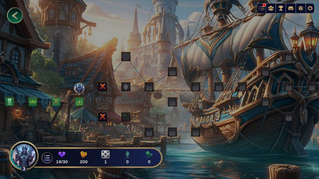 The roguelite campaign map showing node-based progression through a fantasy harbor setting