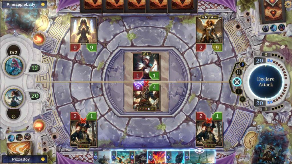 The Ariokan battle board during an active match with minions deployed and combat in progress