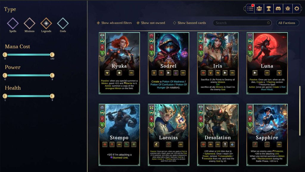 The Ariokan collection browser showing card filtering and deck management interface
